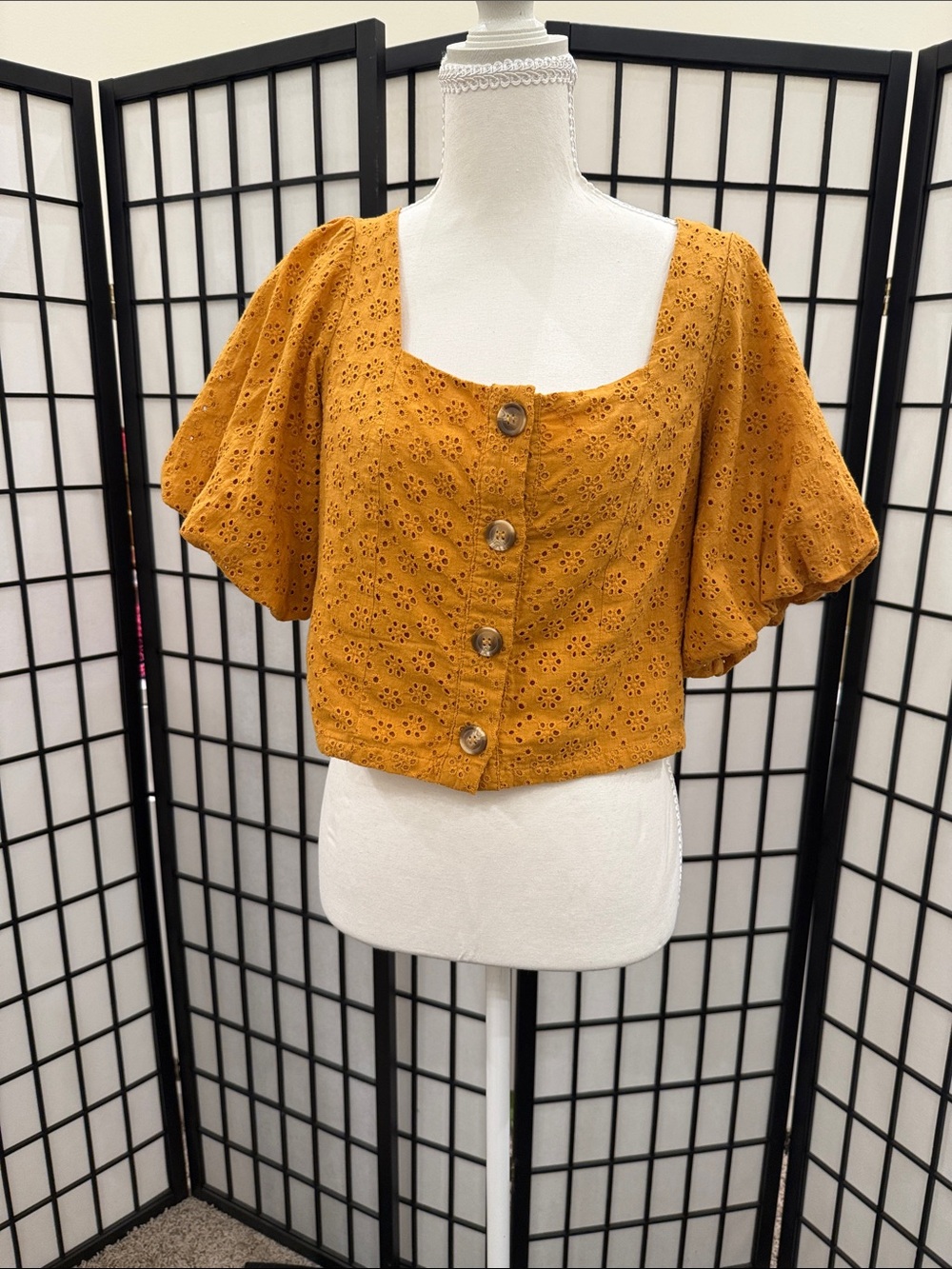 Square Neck Mustard Eyelet Button-Front Crop Top